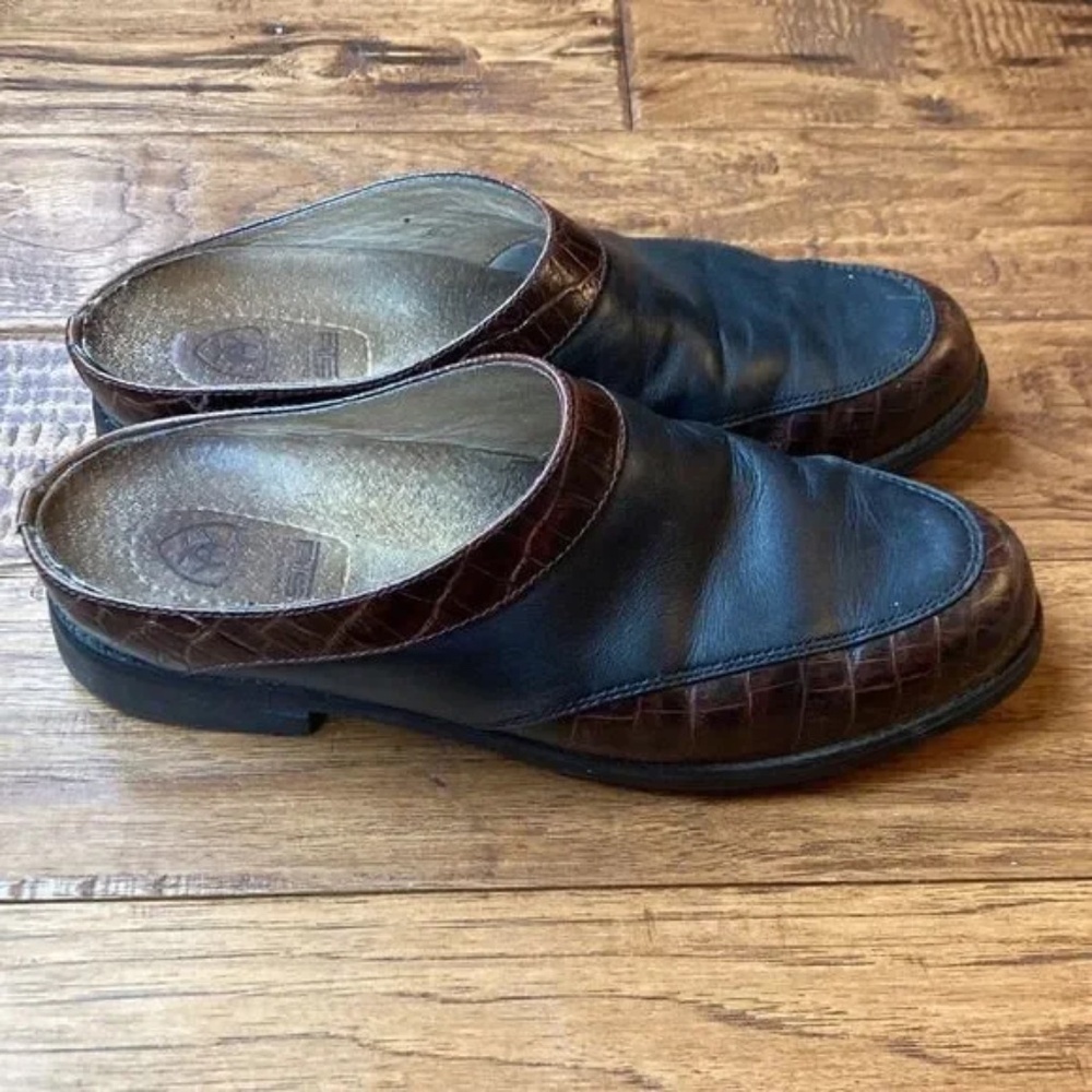 Ariat Brown Croc Embossed Leather Slip-On Mules Black Brown Women's Size 8